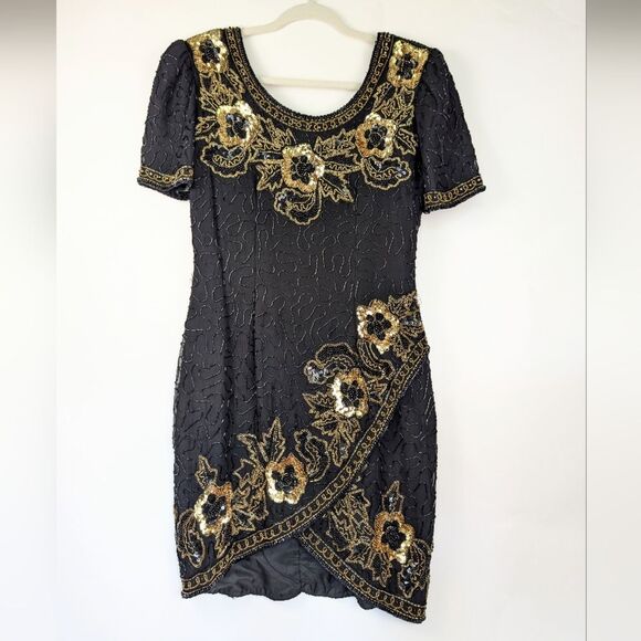 Vintage Stenay Black Silk Beaded Sequin Cocktail Dress – Women's Petite 6 (P6) - Picture 1 of 14